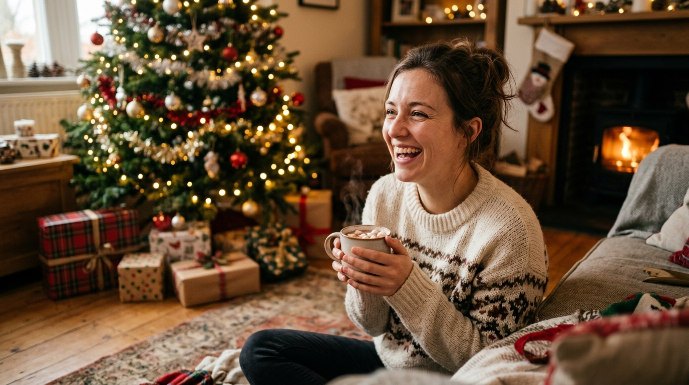Atmosfera natalizia con albero decorato, regali e calore in casa